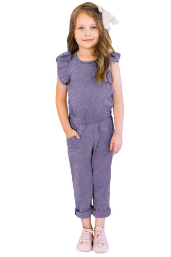Purple Little Girls Ruffled Shoulder Keyhole Back Jumpsuit with Pockets TZ64004-8