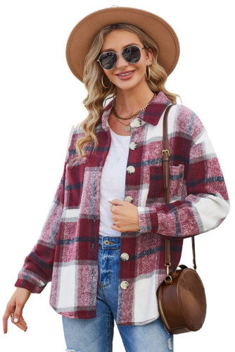 Wine Red Plaid Color Block Buttoned Long Sleeve Jacket with Pocket LC8511343-103