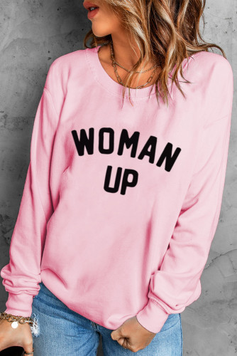 Pink WOMAN UP Drop Sleeve Crewneck Pullover Sweatshirt LC25311876-10