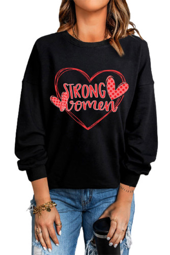 Black STRONG WOMEN Heart Print Long Sleeve Sweatshirt LC25311904-2