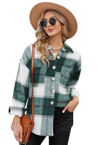 Green Plaid Color Block Buttoned Long Sleeve Jacket with Pocket LC8511343-9