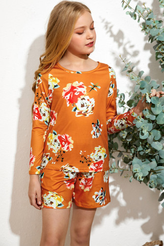 Orange Little Girls' Floral Long Sleeve Top and Shorts Set TZ62013-14