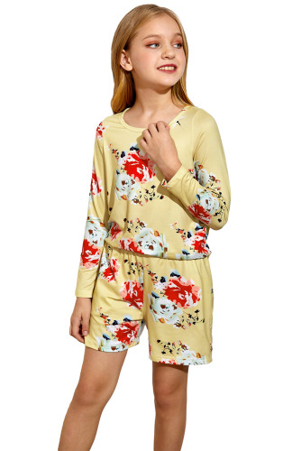 Yellow Little Girls' Floral Long Sleeve Top and Shorts Set TZ62013-7