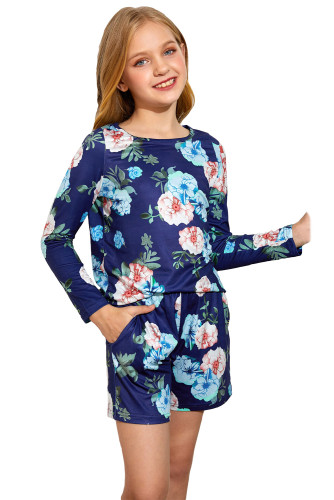 Blue Little Girls' Floral Long Sleeve Top and Shorts Set TZ62013-5