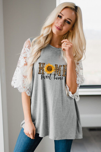 Lace Sleeve Leopard Sunflower Sweet Home Print Top LC25113171-11