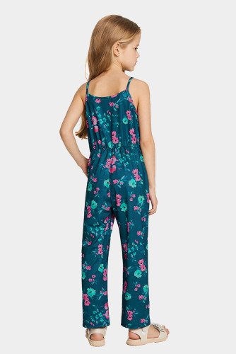 Green Sleeveless Spaghetti Straps Floral Print Girl's Jumpsuit TZ64024-9