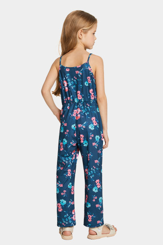 Blue Sleeveless Spaghetti Straps Floral Print Girl's Jumpsuit TZ64024-4