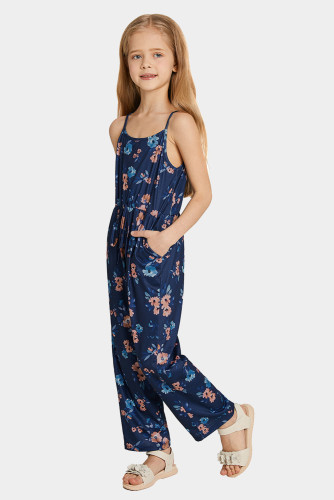 Blue Sleeveless Spaghetti Straps Floral Print Girl's Jumpsuit TZ64024-5