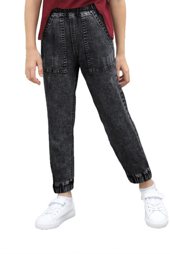 Black Large Pocket Elastic High Waist Kids Jeans TZ78014-2