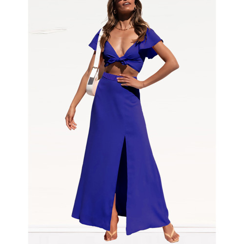 Blue Tie Front Crop Top and Split Straight Skirt TQK710448-5