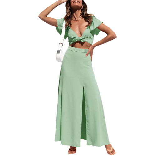Light Green Tie Front Crop Top and Split Straight Skirt TQK710448-28