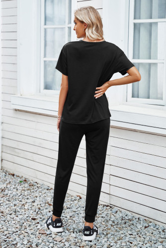 Black Cozy Cotton T-shirt Pants Set LC261033-2