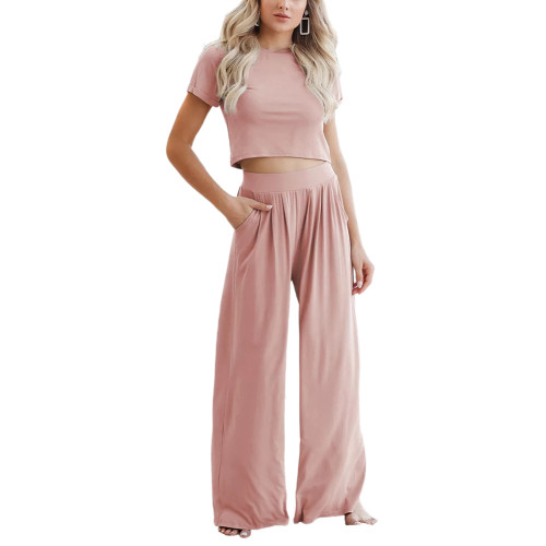 Pink Short Sleeve Crop Top and Wide Leg Pants TQK710447-10