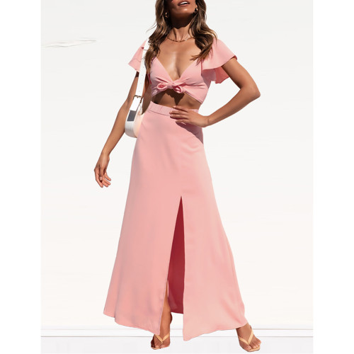 Pink Tie Front Crop Top and Split Straight Skirt TQK710448-10