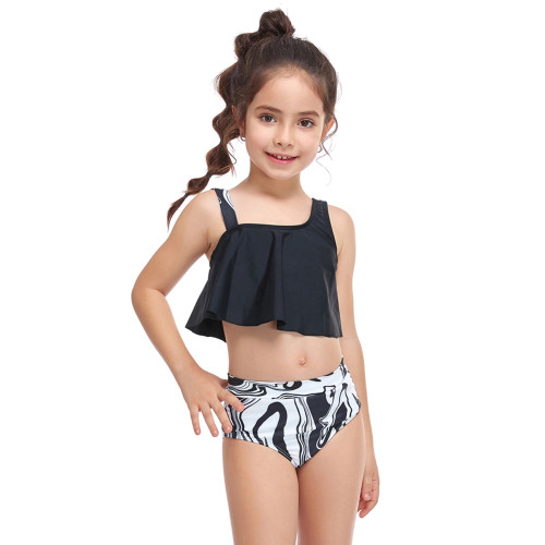 Black Ruffle Printed Bottom Girl's Tankini Swimwear Set TQK660298-2