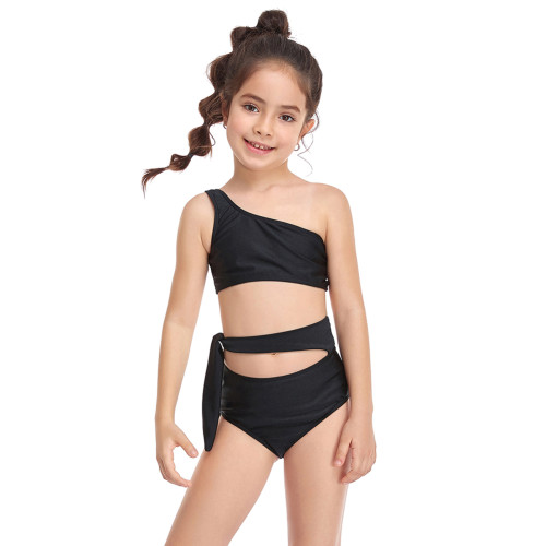 Black One Shoulder Tie Waist Girl's Bikini Swimwear TQK660297-2