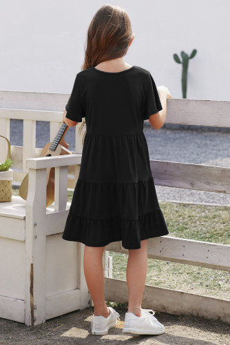 Black Flutter Sleeves Tiered Girls’ Dress with Buttons TZ61102-2
