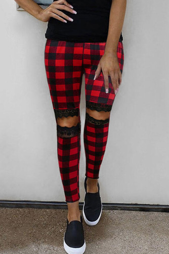 Floral Hollow Out Red Plaid Printed Skinny Leggings LC790100-3