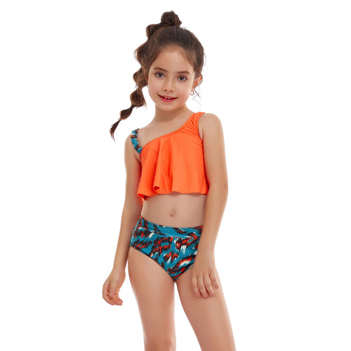 Orange Ruffle Printed Bottom Girl's Tankini Swimwear Set TQK660298-14