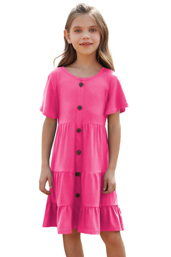 Rose Flutter Sleeves Tiered Girls’ Dress with Buttons TZ61102-6