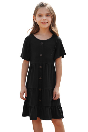 Black Flutter Sleeves Tiered Girls’ Dress with Buttons TZ61102-2