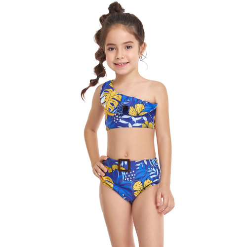 Blue Printed One Shoulder Ruffle Girl's Bikini Swimwear TQK660299-5