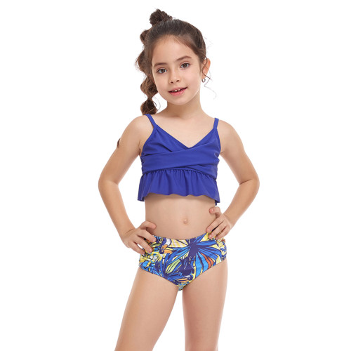 Blue Printed Ruffle Tie Back Girl's Tankini Swimwear TQK660301-5