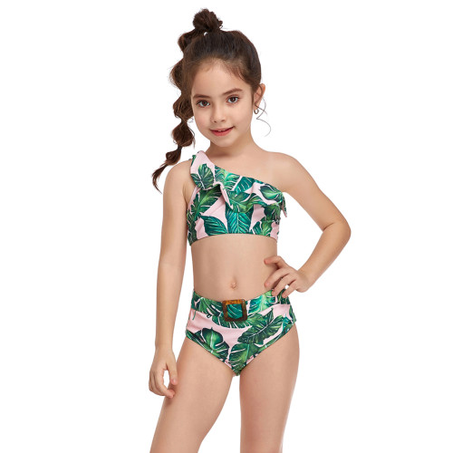 Green Printed One Shoulder Ruffle Girl's Bikini Swimwear TQK660299-9