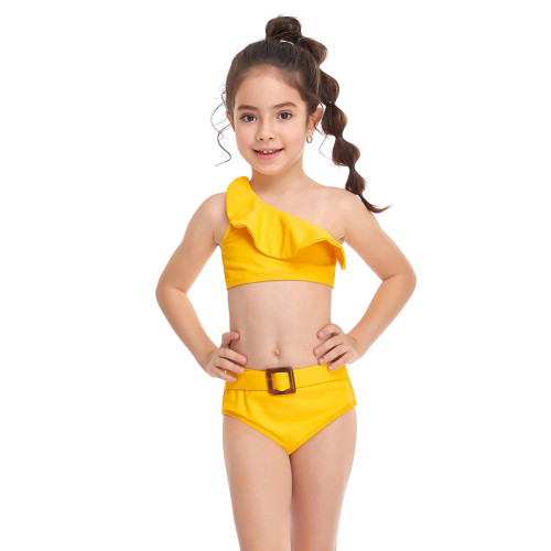 Yellow One Shoulder Ruffle Girl's Bikini Swimwear TQK660299-7