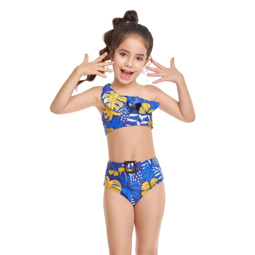 Blue Printed One Shoulder Ruffle Girl's Bikini Swimwear TQK660299-5