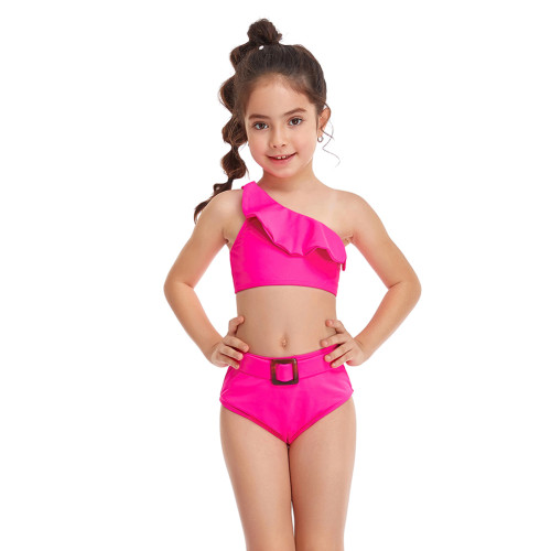Rosy One Shoulder Ruffle Girl's Bikini Swimwear TQK660299-6