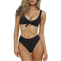 Black Solid Front Tie Bikini Swimwear TQK610307-2