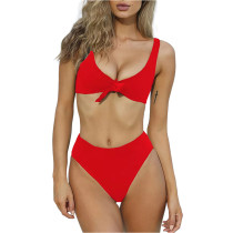 Red Solid Front Tie Bikini Swimwear TQK610307-3