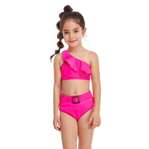 Rosy One Shoulder Ruffle Girl's Bikini Swimwear TQK660299-6
