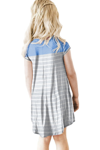 Sky Blue Colorblock Patchwork Striped Girls' Dress TZ61105-4