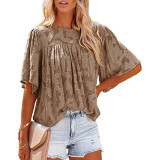 Brown Lace Trumpet Sleeve Babydoll Blouse TQK210900-17