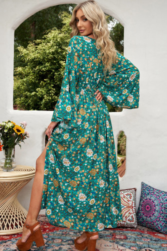 Green Boho Floral Bell Sleeve Top and Maxi Skirt Set LC63800-9