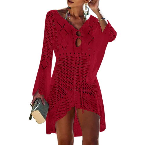 Red V Neck Crochet Bell Sleeve Beach Dress TQK650021-3