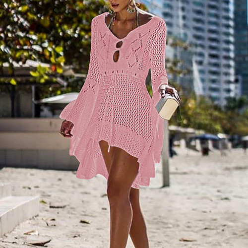Pink V Neck Crochet Bell Sleeve Beach Dress TQK650021-10