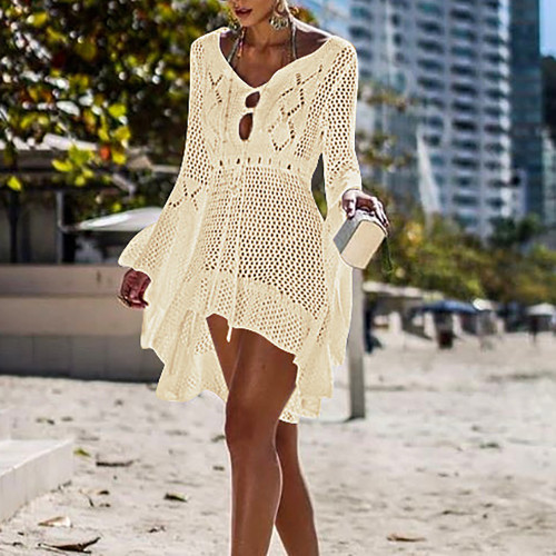 Apricot V Neck Crochet Bell Sleeve Beach Dress TQK650021-18