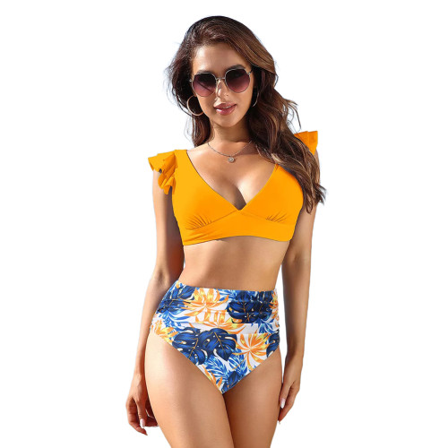 Yellow Back Lace-up Top with Floral High Waist Swimsuit TQK610329-7
