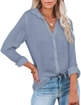 Blue Solid V Neck Buttoned Long Sleeve Shirt TQK220094-5