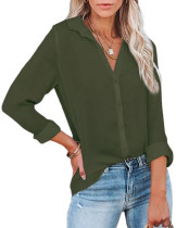 Army Green Solid V Neck Buttoned Long Sleeve Shirt TQK220094-27