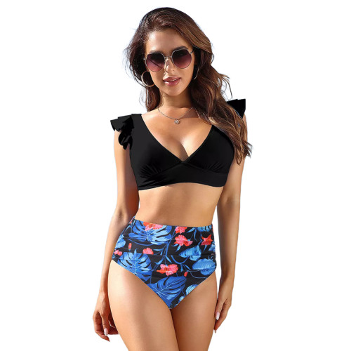 Black Back Lace-up Top with Floral High Waist Swimsuit TQK610329-2