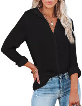 Black Solid V Neck Buttoned Long Sleeve Shirt TQK220094-2