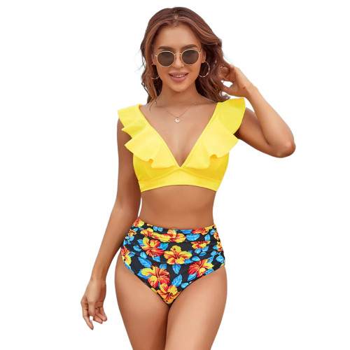 Yellow Ruffled Hem Floral High Waist Swimsuit TQK610330-7