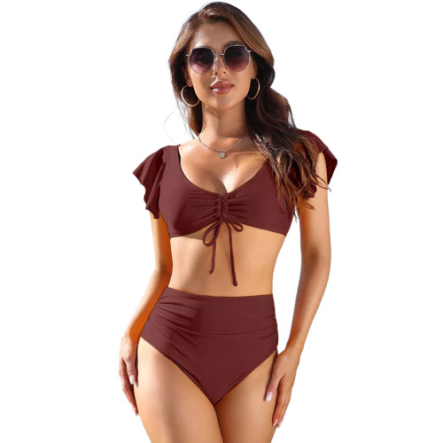 Wine Red Ruffled Detail Hight Waisted Bikini Swimsuit TQK610328-23