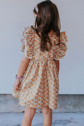 Orange Little Girls Floral Print Ruffled Sleeve Dress  TZ61374-14