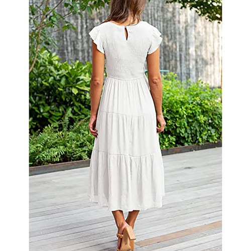 White Ruffled Sleeve Pleated Layered Casual Dress TQV310008-1