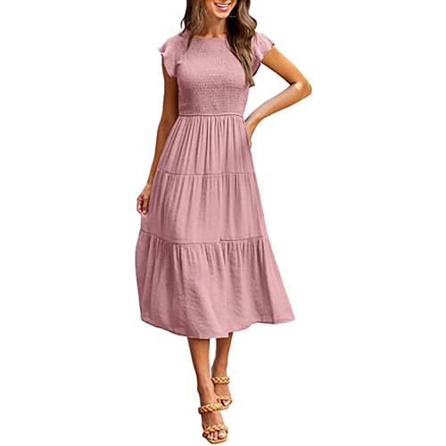 Pink Ruffled Sleeve Pleated Layered Casual Dress TQV310008-10